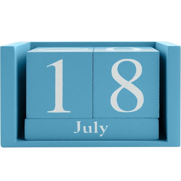 Duslogis Vintage Wooden Calendar Desktop Time Concept Rustic Wood Blocks Chic Perpetual Calendars Month Date Number Display Home Office Decoration Desk Accessory (Blue)