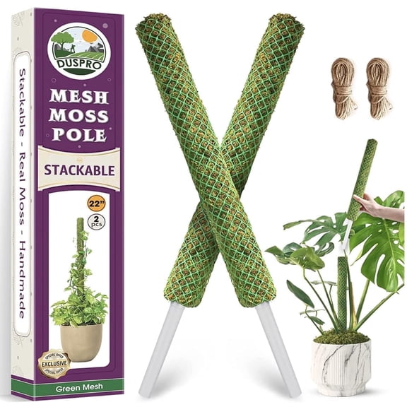 Duspro Green Stackable Mesh Moss Pole For Plants Climbing Vine Supporting Monstera Trellis, For Indoor Plants Extendable Plant Pole Moss Sticks, For Plants Monstera Potted Plant Stakes 2 pcs 22''