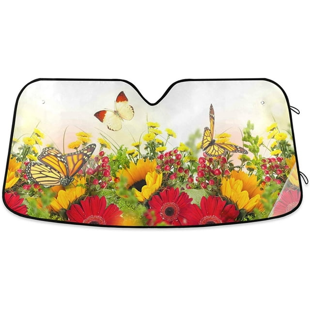 Dussdil Daisy Sunflowers Butterfly Car Windshield Sun Shade Berry Poppy