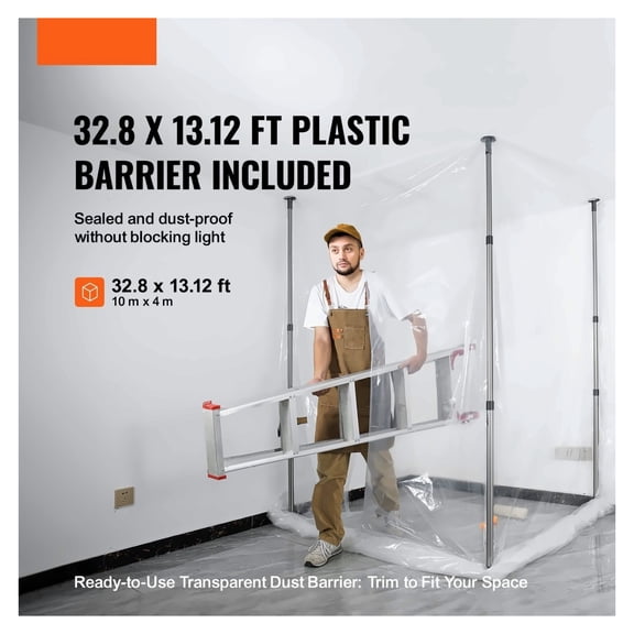 Dust Barrier Poles 12 Ft, Dust Barrier System 32.8ft x 13.1ft, Telescoping Poles for Home Renovation, Painting, Interior Decoration, Dustproof Containment