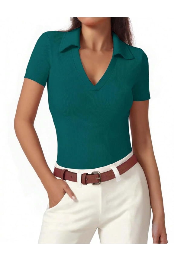 Dust Blue Ribbed V-Neck Collared Polo Shirt For Women, Short Sleeve Fitted Top