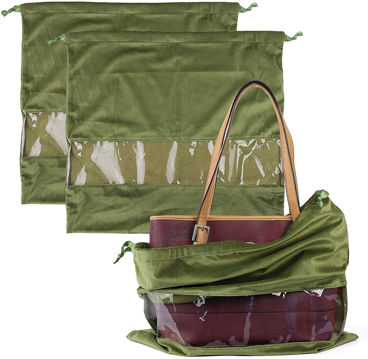 Dust Cover Storage Bags Terylene Flannel Drawstring Pouch with Clear View Window For Handbags Purses Pocketbooks Shoes Boots Set of 2 (21.6 x 19.7 in), Green