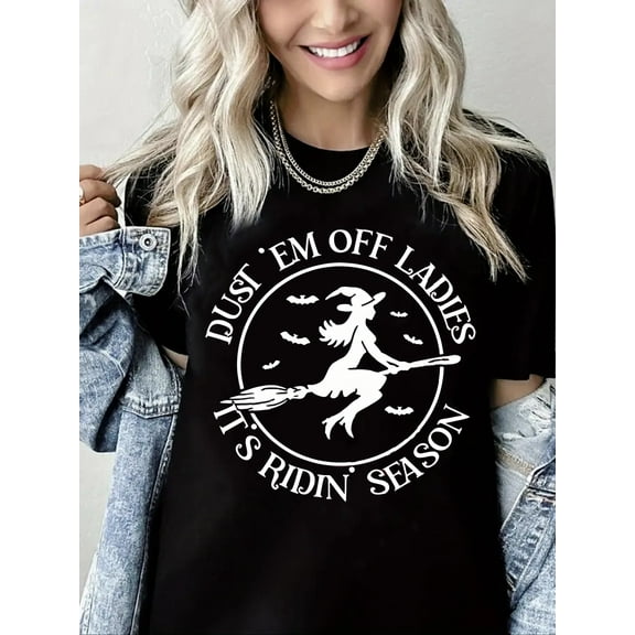 Dust Em Off Ladies Witch Print Halloween Shirt Short Sleeve Shirts for Women Black One-Piece