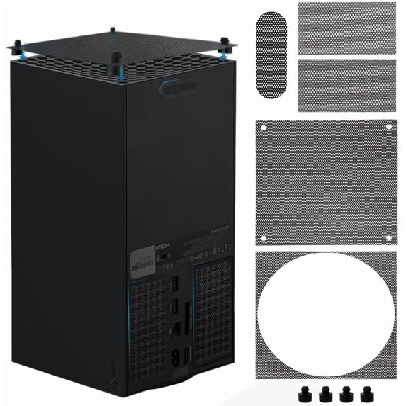 Dust Filter Compatible with Xbox Series X, Accessory Set with 4 Silicone Plugs & 4 PVC Meshes - High-Density Breathable Metal Mesh Top Protection (Black)
