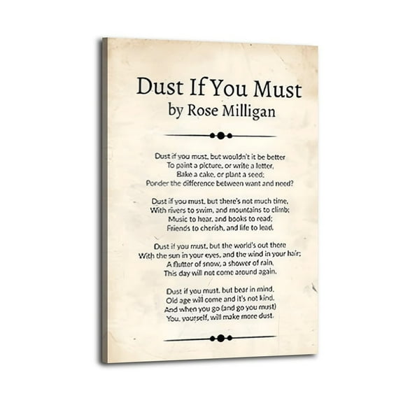 Dust If You Must Poem Poster Wrapped Wooden Frame Wall Decor,Canvas Wall Art for Living Room,Bedroom,Office,Ready to Hang