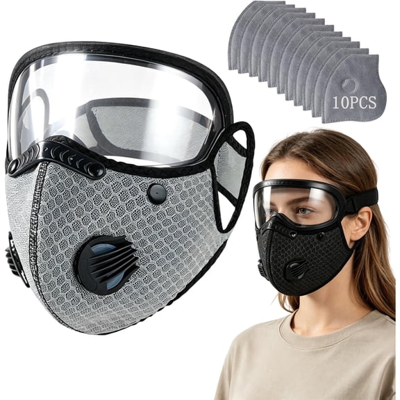 Dust Mask with Goggles, Reusable Carbon Filter Respirator with 10 Replaceable Filters, 5-Layer Face Shield for Woodworking Sanding Grinding(Grey)
