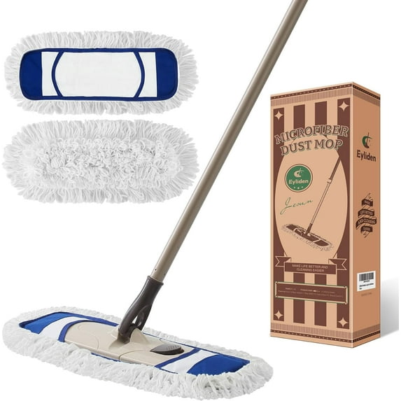 Dust Mop with Reusable Washable Pads - One Touch Replacement, Height Adjustable Handle, Total 2 Cloths, Wet Dry Mops for Floor Cleaning, Hardwood, Laminate, Tile Push Broom