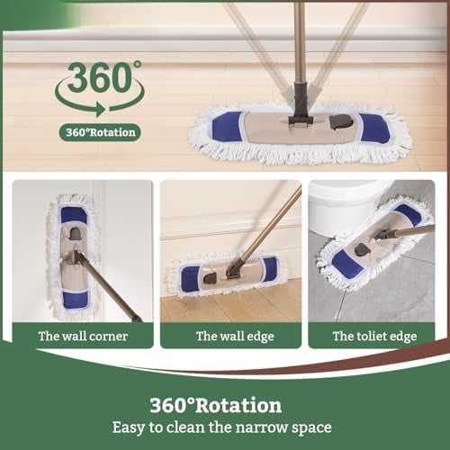 Dust Mop with Reusable Washable Pads - One Touch Replacement, Height Adjustable Handle, Total 2 Mop Cloths, Wet Dry Mops for Floor Cleaning, Hardwood, Laminate, Tile Floor Push Dust Broom Blue