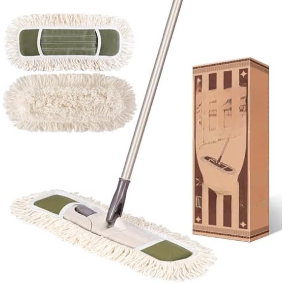Dust Mop with Reusable Washable Pads - One Touch Replacement, Height Adjustable Handle, Total 2 Mop Cloths, Wet Dry Mops for Floor Cleaning, Hardwood, Laminate, Tile Floor Push Dust Broom