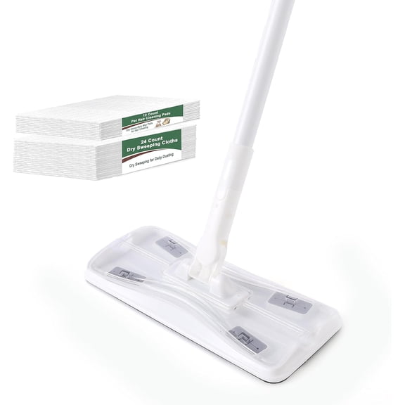 Dust Mop, Sweeping & Mopping Kit | 58" Extended Long Handle, 36 Disposable Dry Cloths, Multi Surface Sweeper Mops for Floor Cleaning (White)
