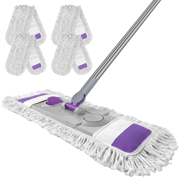 Dust Mop with 4 Reusable 25"Washable Pads, Extendable Stainless Steel Handle for Dry and Wet Floor Cleaning（Purple）