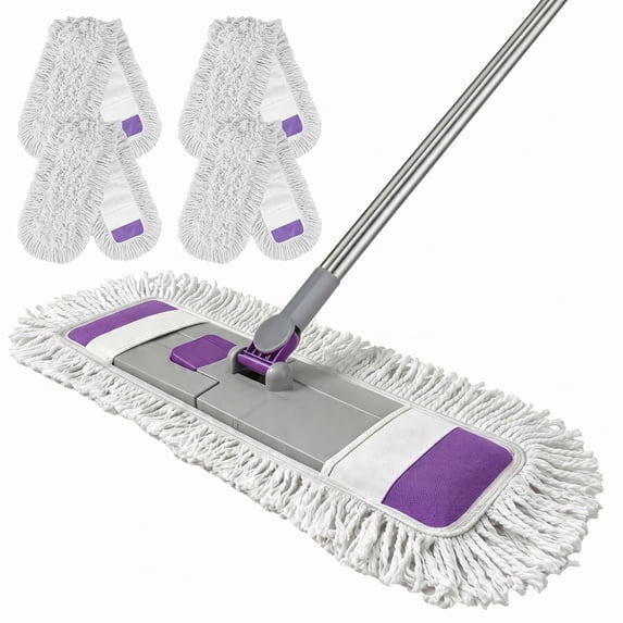 Dust Mop with 4 Reusable 25"Washable Pads, Extendable Stainless Steel Handle for Dry and Wet Floor Cleaning(Purple)