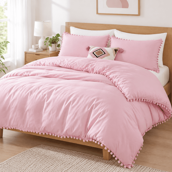 Dust Pink Queen 3-Piece Ball Pom Fringe Microfiber Bedding Comforter Set