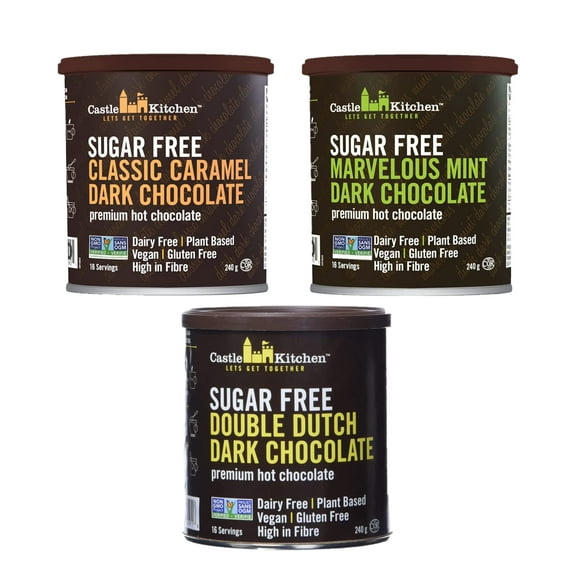 Castle Kitchen Sugar Free Hot Chocolate Mix Variety Pack (8 oz ea) - Vegan, Dairy Free, Plant Based - Keto & Diabetic - Pack of 3 (Classic Caramel, Double Decadent, Marvelous Mint Dark Chocolate)