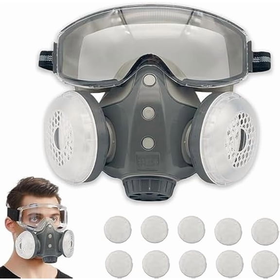 Full Face Respirator Mask with Filters & Goggles, Reusable Dust Proof Safety Mask for Painting Sanding Woodworking, Anti-Fog Shield, One Size