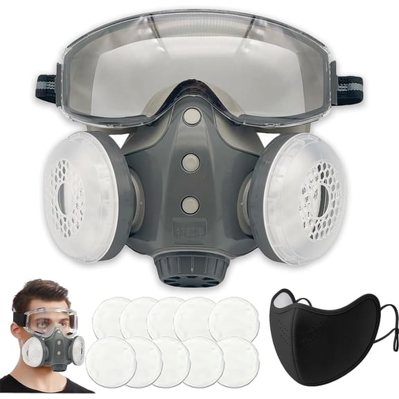 Dust Proof Integrated Respirator Mask with Filters & Goggles, Reusable Industrial Grade Shield, Full Face Mask