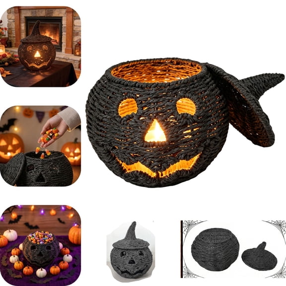 Dust-Proof Wicker Jack-O'-Lantern with Removable Lid, Handwoven Black Pumpkin LED Lantern, Rustic Farmhouse Halloween Decor for Porch Fireplace Table Entryway Use