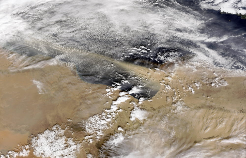 Dust blows off the coast of Libya heading over the Mediterranean Sea Canvas Art - Stocktrek Images (35 x 23)