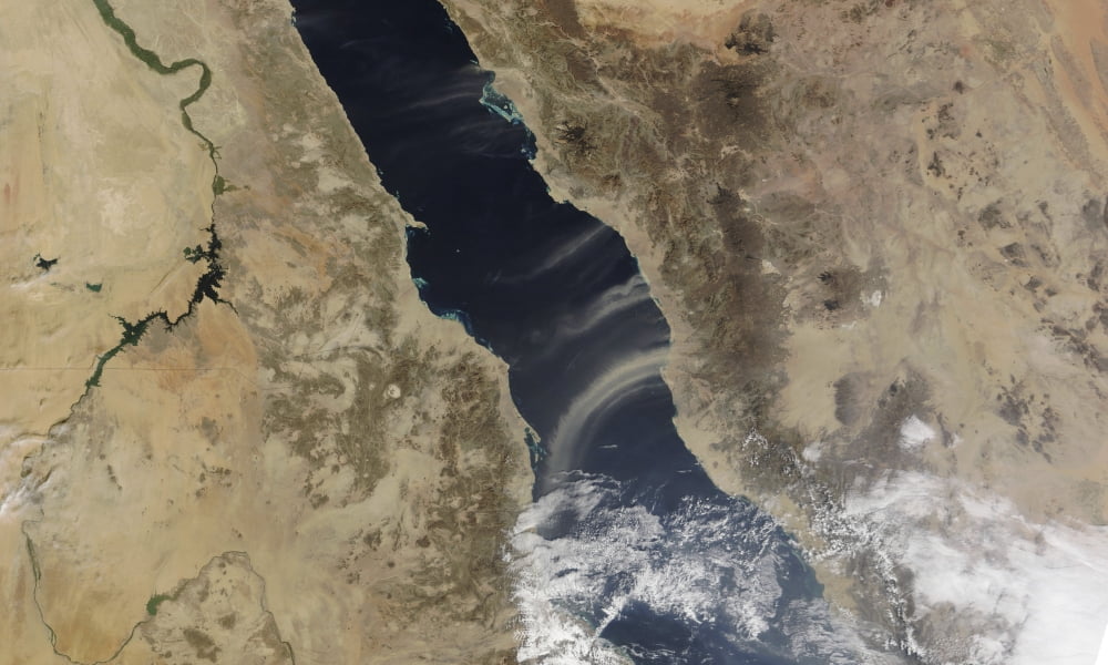 Dust plumes blow off the coast of Saudi Arabia and over the Red Sea Canvas Art - Stocktrek Images (37 x 22)