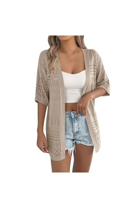 Duster Cardigans for Women Womens Summer Short Sleeve Crochet Cardigan Lightweight Sweater Coat 2025 Oversized Open Front Knit Cardigans Khaki M