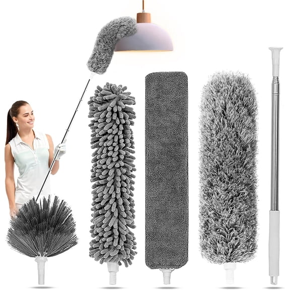 Duster for Cleaning 5-in-1 Kit, 100 Inches Duster with Extension Pole, Extendable Duster, Microfiber Feather Duster, Cobweb Dusters for High Ceilings, Furniture, Blinds, Wall- Grey
