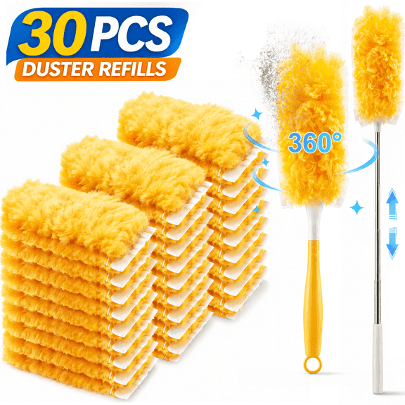 30 Pack Duster Refills with Handle, Disposable Microfiber Duster Refills, Heavy Duty Electrostatic Dust Cleaner for Furniture, Blinds, Ceiling Fan and Corners
