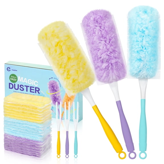 Duster Refills for Cleaning, Heavy Duty 18 Count Duster Refills with 3 Handles, Unscented Disposable Dusters Kit for Dusting Furniture Blind Ceiling Fan, Multi Surface 360° Duster, 3 Colors