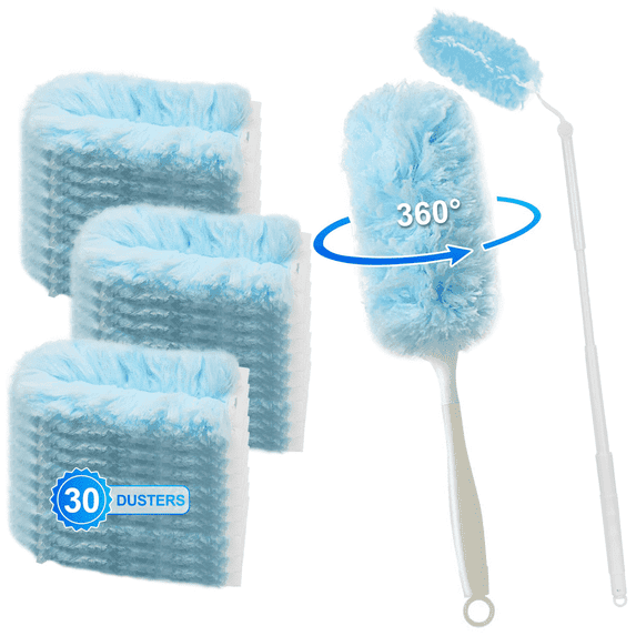Xueyu 360° Heavy Duty Duster Refills Compatible with Swiffer Duster, Disposable Dusters Kit for Cleaning Dusting Furniture, Blind, Ceiling Fan, Feather Duster (30) + 3 FT Extended Handle + 1 Handle