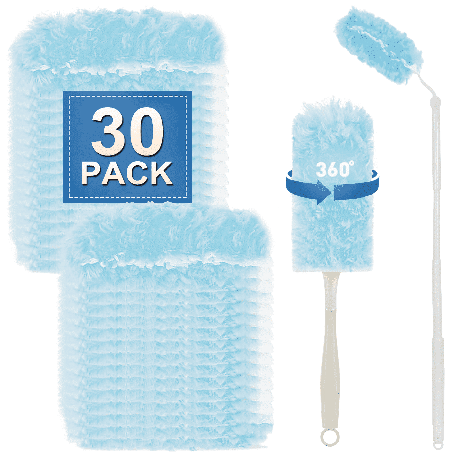 30 Count Duster Refills Heavy Duty Duster Refills for Swiffer Duster, 4X Microfibers, for Cleaning Home, Blinds, Cars, Multisurface Duster Replacements with 1 Short Handle and 1 Extended Handle
