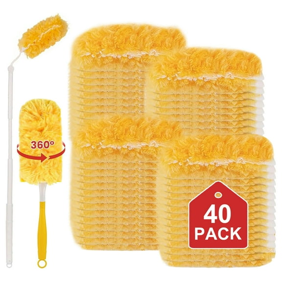 Efoee 40Pcs 360° Dusters Refill,Disposable Microfiber Duster for Cleaning Ceiling Fan, Shelf,Bookshelf, Blinds,1pc 2.95ft Extendable Handle&1pc Handle,Yellow