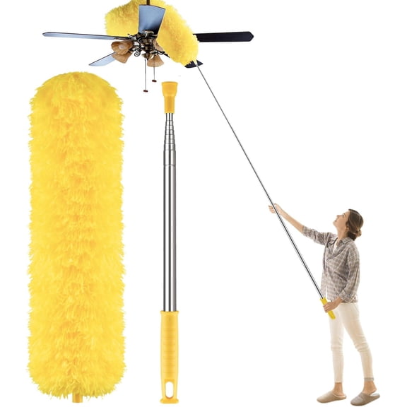 Dusters for Cleaning High Ceiling Fan, Microfiber Duster with 30'' to 100'' Telescoping Extension Pole, Long Extendable Duster for Furniture Cobweb, Yellow
