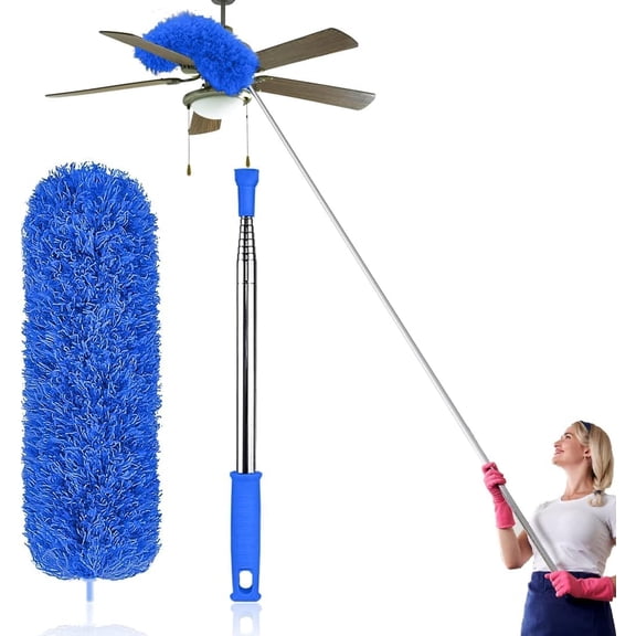 Dusters for Cleaning High Ceiling Fan, Microfiber Feather Duster with 30'' to 100'' Telescoping Extension Pole, Long Extendable Duster for Home Car Furniture Cobweb - Blue