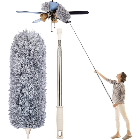 Dusters for Cleaning High Ceiling Fan, Microfiber Feather Duster with 30'' to 100'' Telescoping Extension Pole, Long Extendable Duster for Home Car Furniture Cobweb Gray
