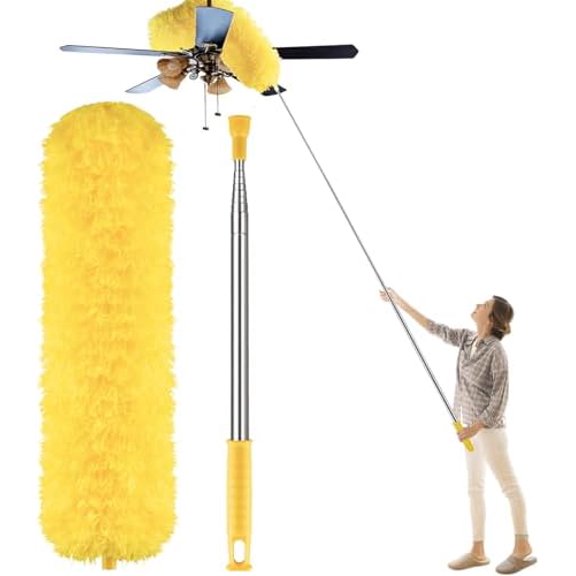 Dusters for Cleaning High Ceiling Fan, Microfiber Feather Duster with 30'' to 100'' Telescoping Extension Pole, Long Extendable Duster for Home Car Furniture Cobweb, Yellow