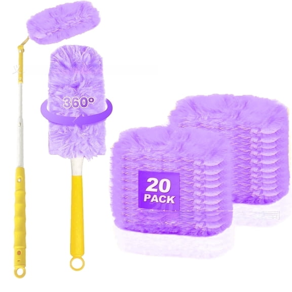gtlingyan Extendable Duster with 20 Refills - 360° Reusable Dust Cleaner for Home & Office, 5x Dusting Power, Purple Disposable Heads