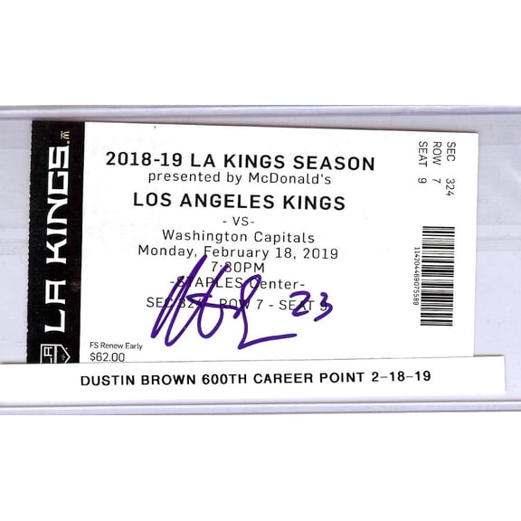 Dustin Brown Signed Autograph Ticket Stub Kings 600th Point 2/18/19 JSA CA09623