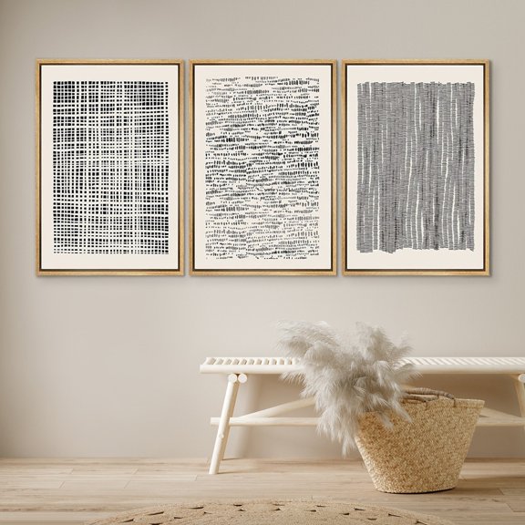 DustinWay Art Print Set Geometric Black Grid Wave Pattern Abstract Drawings Modern Art Neutral Minimalist Decor Set 3