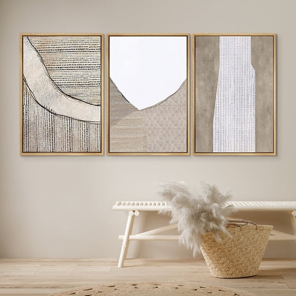 DustinWay Art Print Tan White Wave Mosaic Pattern Abstract Shapes Drawings Modern Art Grunge Room Decor Set 3