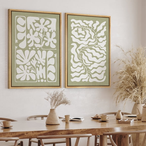 DustinWay Sage Green Abstract Floral Wall Art, Modern Botanical Artwork For Minimalist Boho Decor