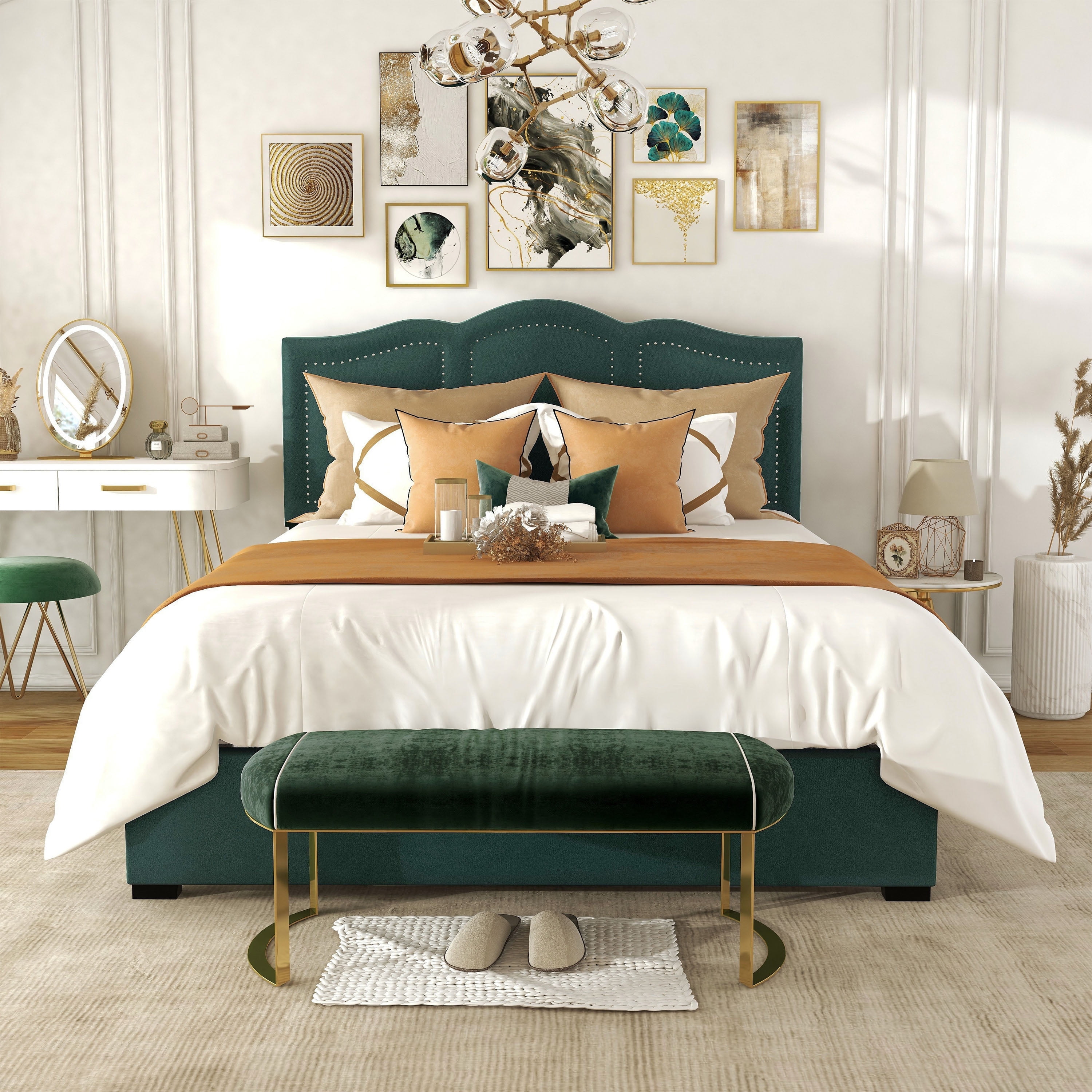 Dark Green Velvet Upholstered Full Storage Bed with Nailhead Trim