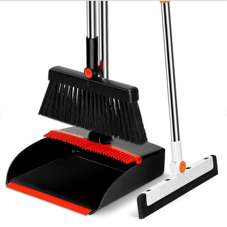 Dustpan and Broom Set plus Squeegee Dustpan Broom Combo with Extendable &  Adjustable Upright Poles to 52.4” Easy to Store Perfect for Kitchen