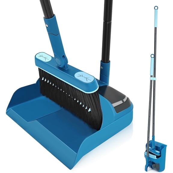 Dustpan and Brush Set, 54 inches Long Handle Swivel Broom, Upright Foldable Dust Pan with Comb  for  Kitchen Lobby Indoor Floor Cleaning(Blue)