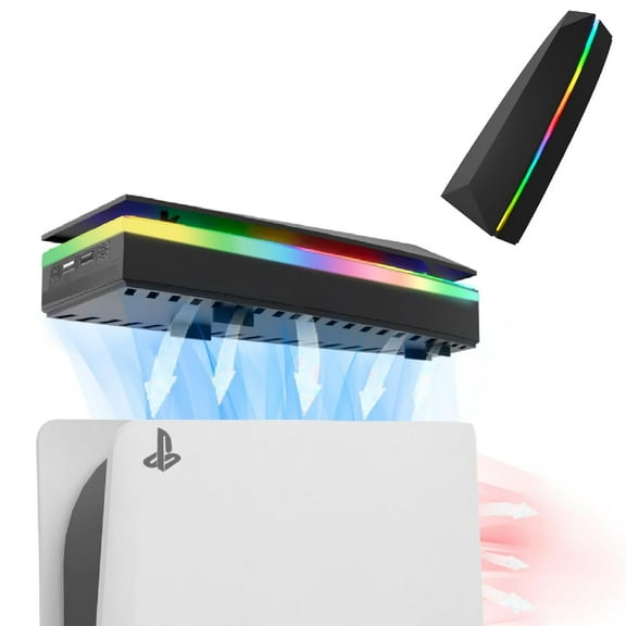Dustproof Cooling Fan for PS5, PS5 Fan with 7 Modes RGB Light, Low Noise Cooler for Ps5 Digital &Disc Edition, 3 Speed ,Independent Touch Switch, 2 USB Port,Black
