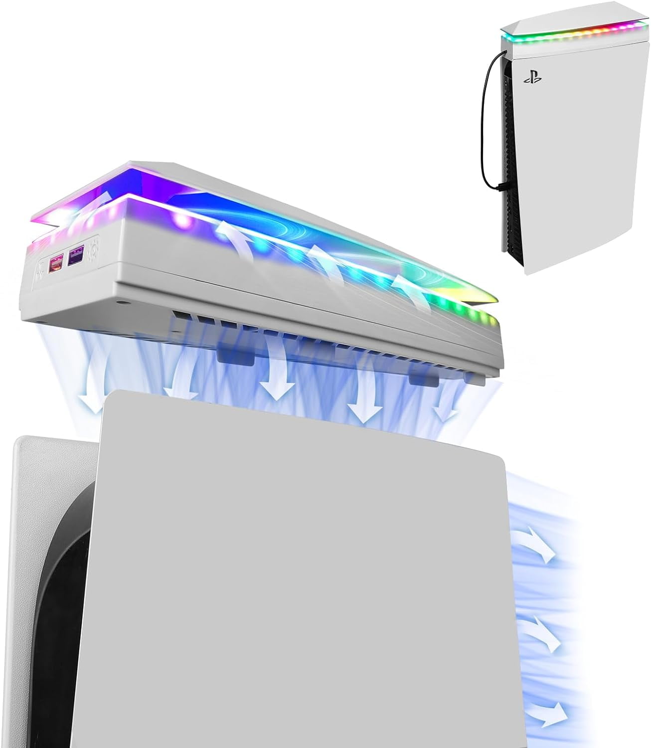 Dustproof Cooling Fan for PS5, PS5 Fan with 7 Modes RGB Light, Low Noise Cooler for Ps5 Digital &Disc Edition, 3 Speed ,Independent Touch Switch, 2 USB Port,white
