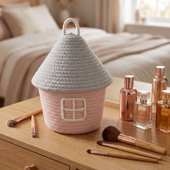 Dustproof Cotton Rope House Shaped Storage Basket with Lid, Decorative Woven Desktop Container, Compact Holder for Makeup, Jewelry and Bedroom Miscellaneous Items