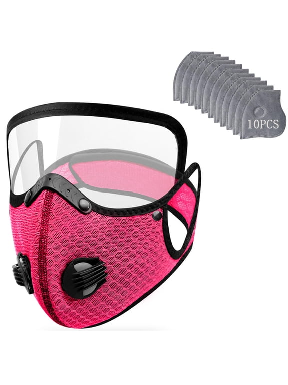 Dustproof Face Mask with Eye Shield, Breathable Mesh Mask with 10 Replacement Filters, Protective Goggles Full Face Shield for Outdoor Cycling Woodworking Hot Pink