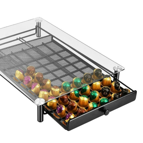 Dustproof Glass Coffee Pods Storage Drawer 60 Pods Capacity Metal Frame Espresso Pods Holder for Kitchen