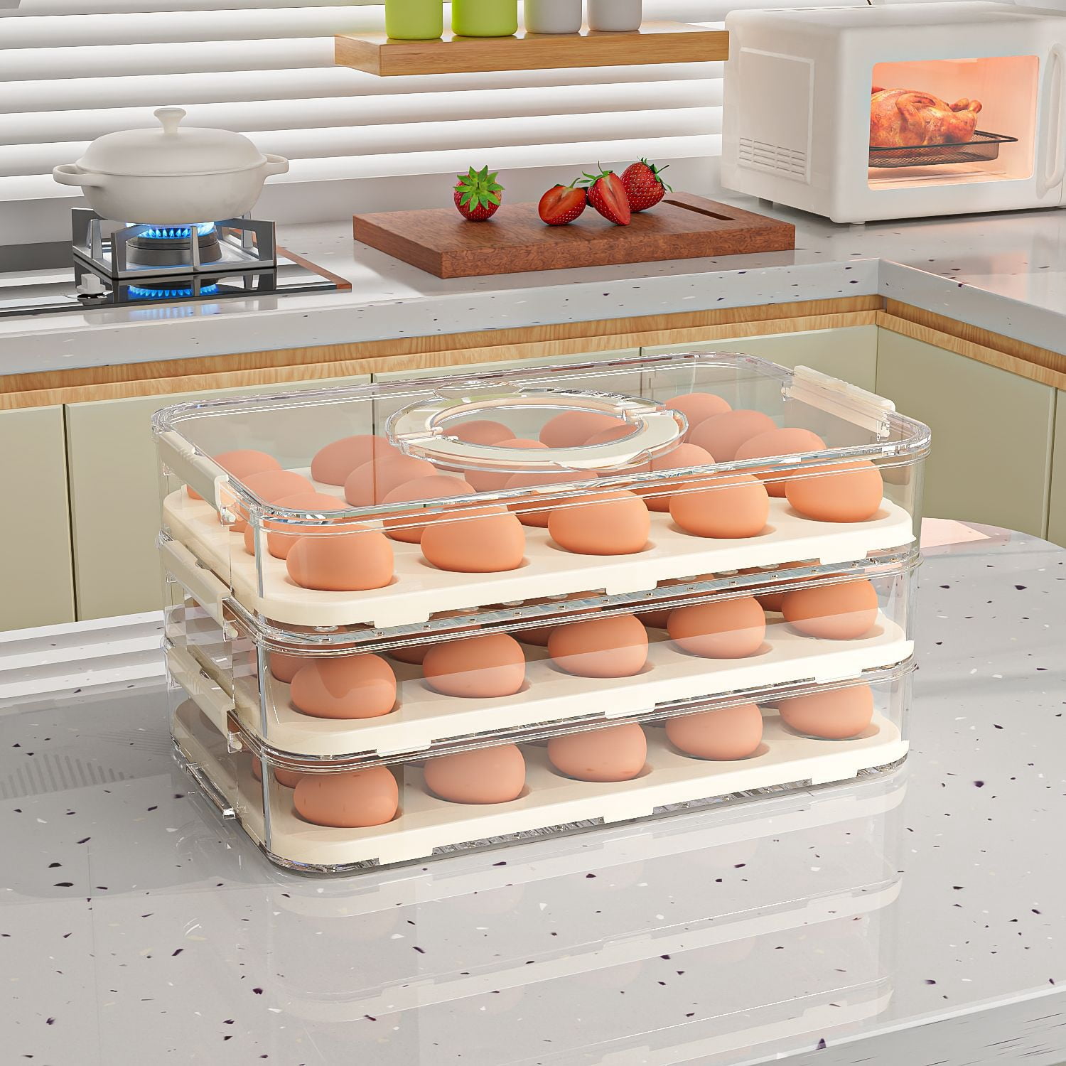 Dustproof Plastic Divided Storage Box for Refrigerator, Kitchen Food Grade Fresh Keeping Container with Handle, Egg Holder Organizer