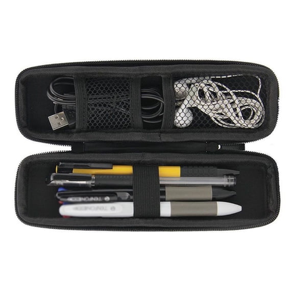 Compact Hard Shell Pencil Case Holder - Zipper Storage with Mesh Pocket for Executive Ballpoint, Fountain, Stylus Pens, Black
