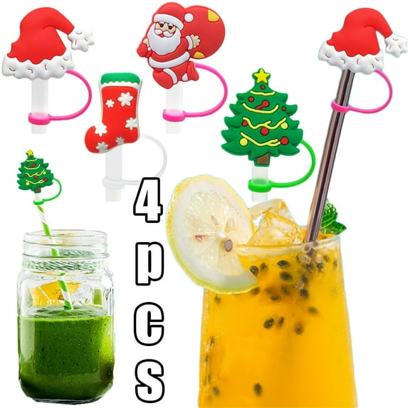 Dustproof Straw Cover Set of 4 Christmas Straw Covers with Handle Creative Shape Unique Design Food Grade Tumbler Straw Toppers